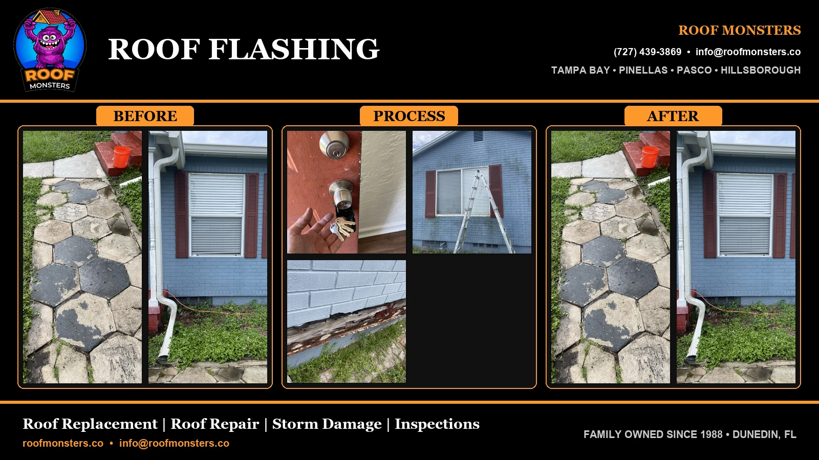 Roof Flashing before process and after project by Roof Monsters