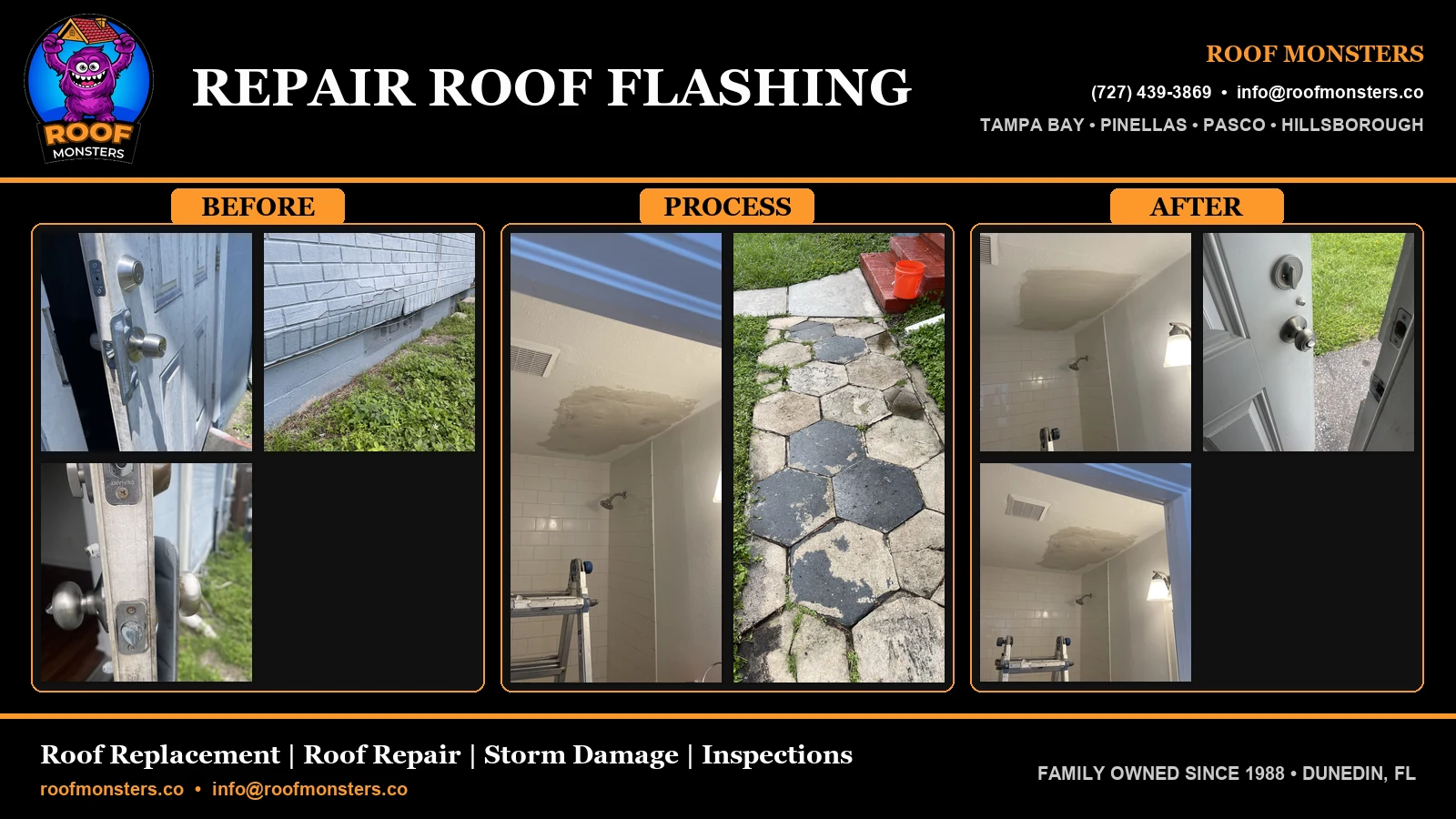 Repair Roof Flashing before process and after project by Roof Monsters