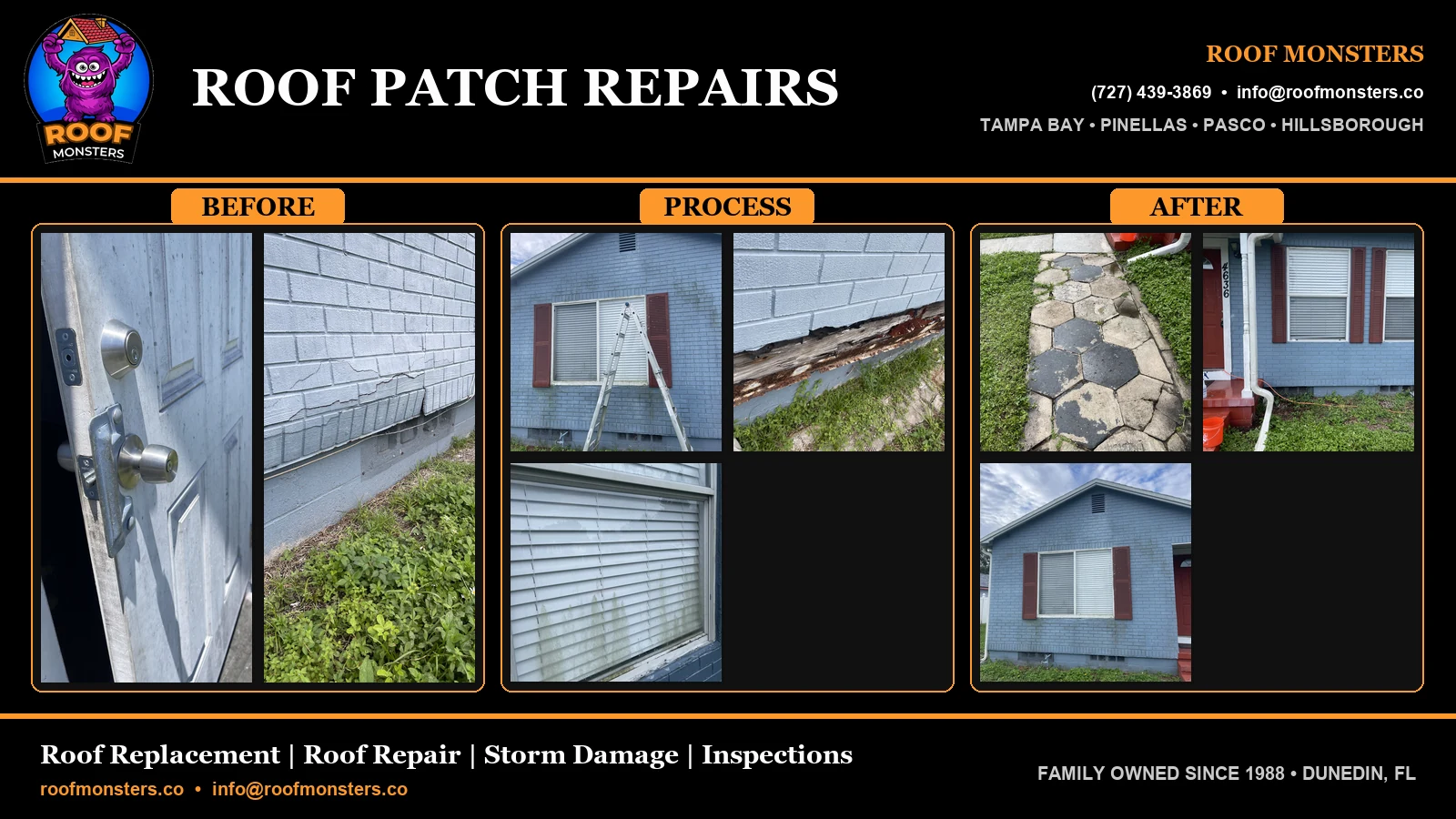 Roof Patch Repairs before process and after project by Roof Monsters